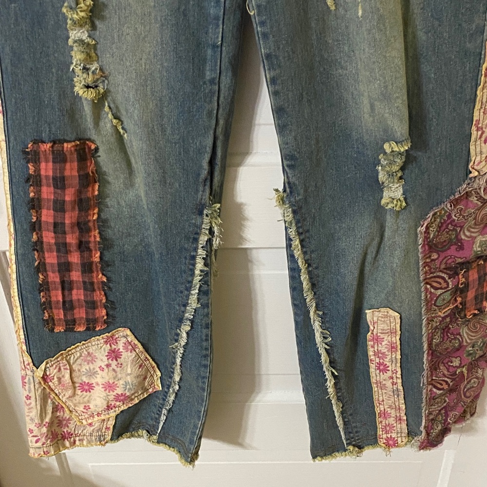 NWT Boho Patchwork Wide Leg Jeans | Floral Plaid Mixed Media Denim - Picture 4 of 9